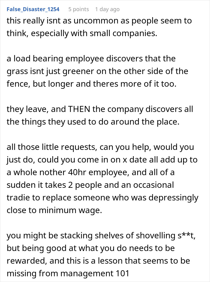 Screenshot of a Reddit comment about employee wage reduction and the impact on company staffing and management. - 27