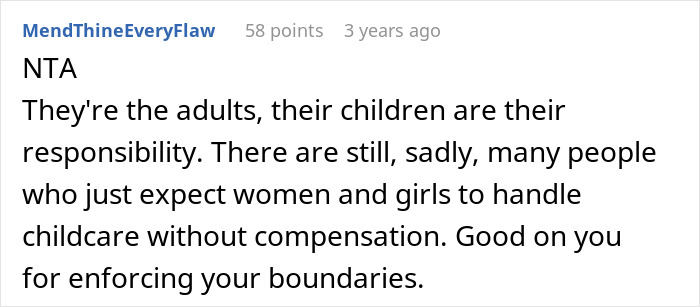 Comment emphasizing a teen refusing unpaid babysitting and setting boundaries with family expectations online.