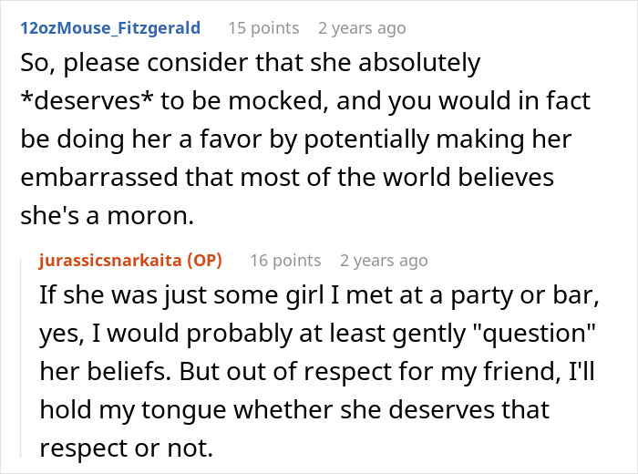 Comments discussing a woman who doesn't believe in dinosaurs and reacts negatively to Jurassic Park being watched.