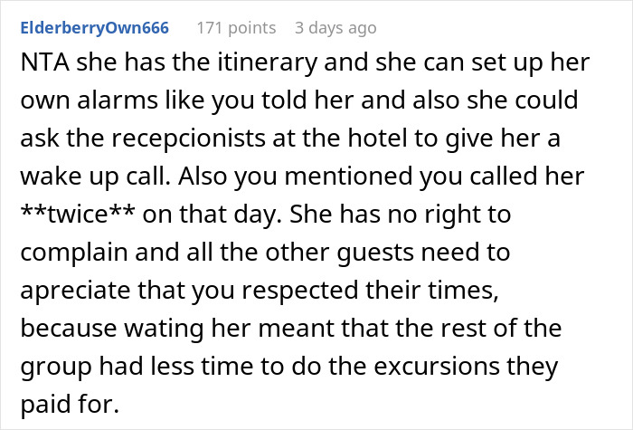 Reddit comment discussing a tourist oversleeping repeatedly and blaming the guide for not waking her. - 27
