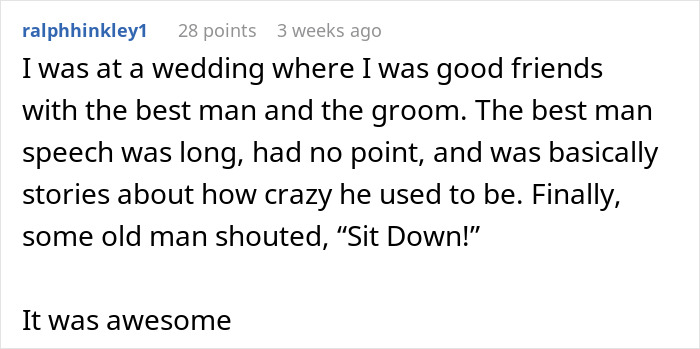 Screenshot of a Reddit comment describing a best man&rsquo;s speech at a wedding shocking guests with an unusual comparison.