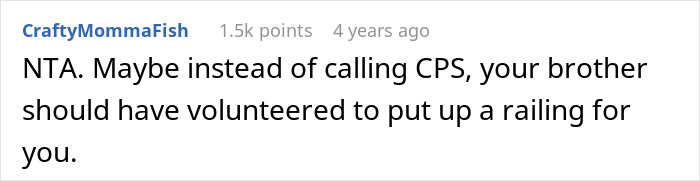 Comment from Reddit user CraftyMommaFish discussing CPS visit after a sibling reports an unsafe loft situation. - 16