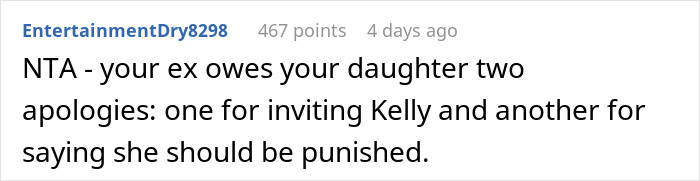 Screenshot of a social media comment discussing a mom inviting an unwanted guest to her daughter’s party and the aftermath. Screenshot of a social media comment discussing a mom inviting an unwanted guest to her daughter’s party and the aftermath.
