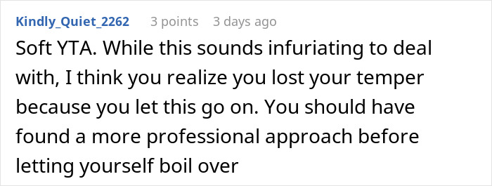 Screenshot of a Reddit comment discussing losing temper and professionalism during a stressful job interview situation.