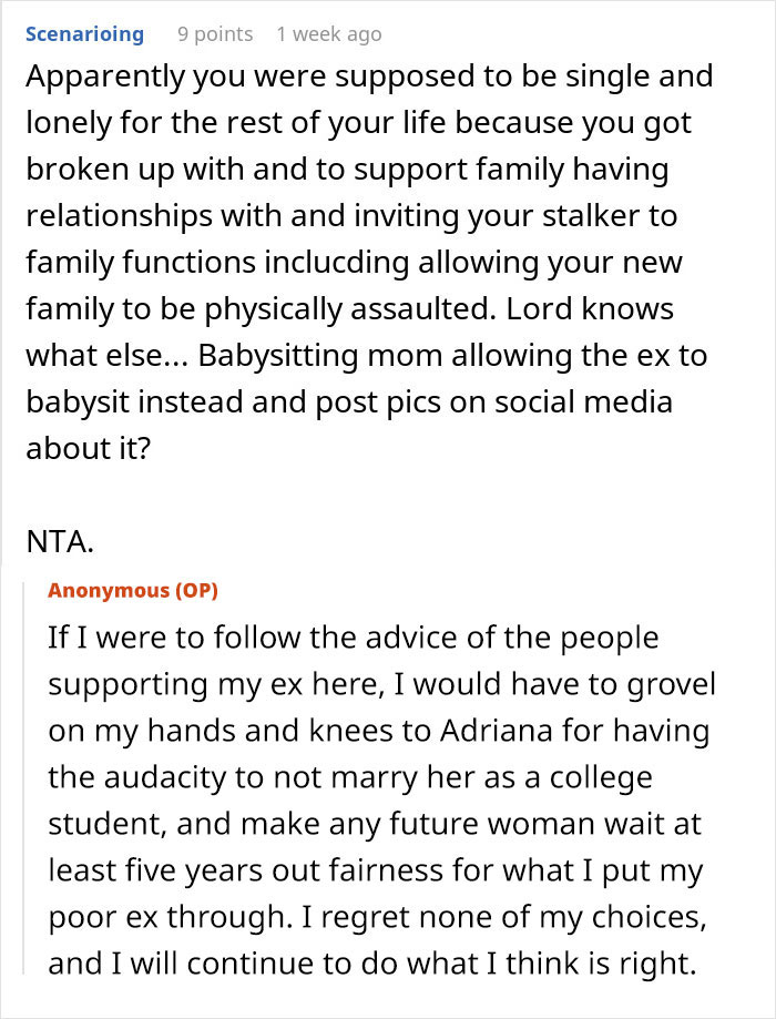 Reddit conversation about a man threatening to cut off his mother over her friendship with his vengeful ex. - 25