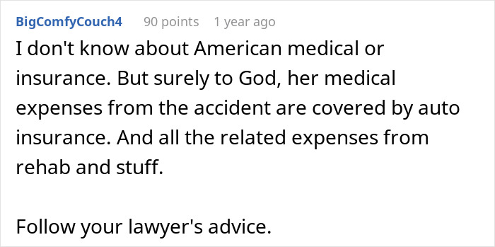 Reddit comment discussing medical and rehab expenses covered by auto insurance after crash in wife leaves affair partner story. - 26