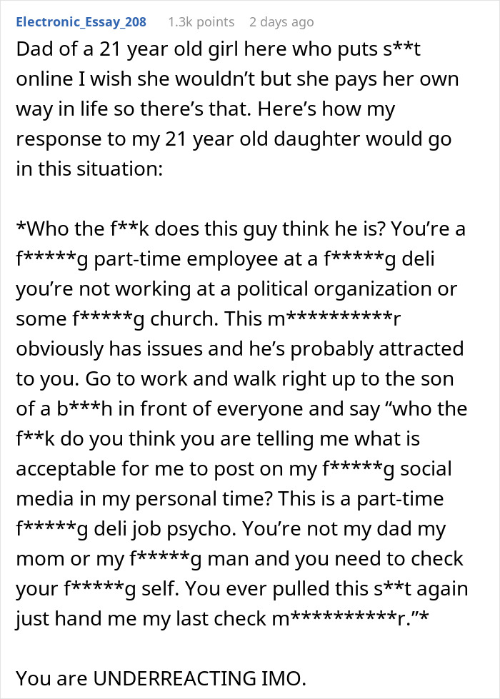 Screenshot of a text post discussing a boss who doesn’t want employee bikini pictures posted on social media. - 37