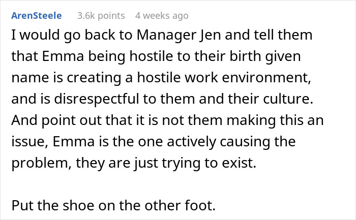 Comment discussing borderline racism toward a Korean woman asked to use another name at work. Comment discussing borderline racism toward a Korean woman asked to use another name at work.