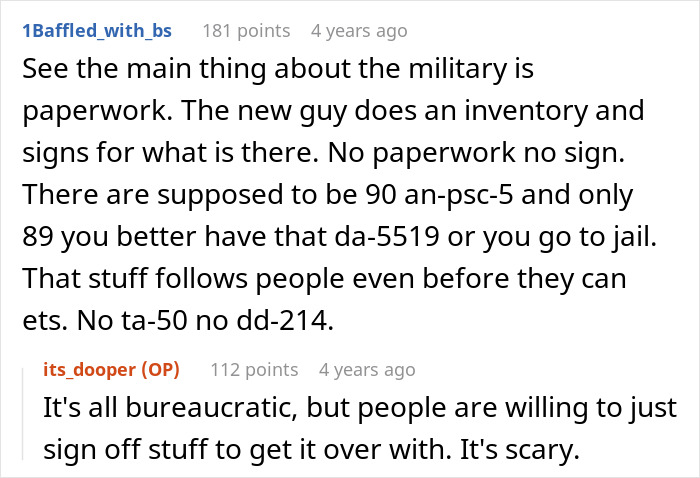 Screenshot of a discussion about military equipment tracking, paperwork, and inventory processes in a detailed forum thread.