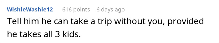 Reddit comment suggesting a guy can take a solo trip only if he takes care of 7-year-old and 8-month-old twins. - 24