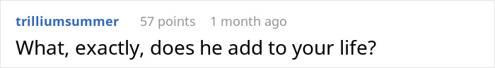 Comment on Reddit post in black text on white background asking what he adds to your life, discussing husband demands wife has child and opens marriage. - 32