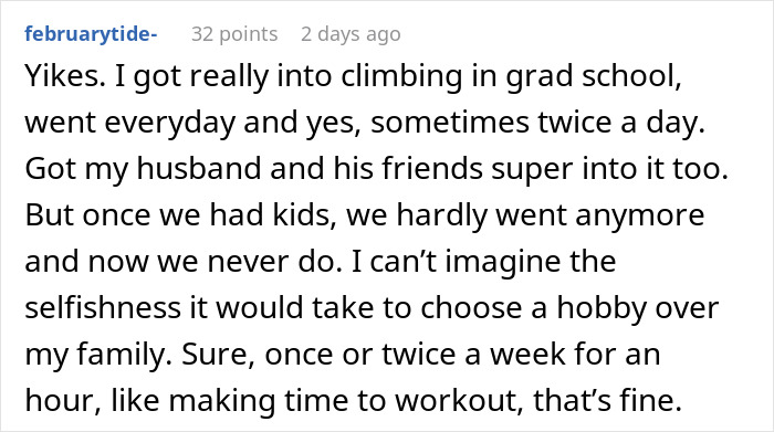 Comment discussing the impact of a husband&rsquo;s new hobby on marriage and family life after having kids.