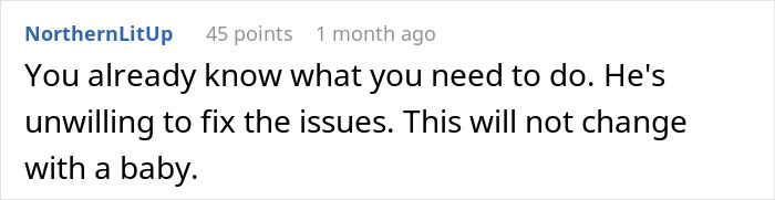 Comment about husband demanding child and marriage openness, wife responding with divorce papers instead. - 34