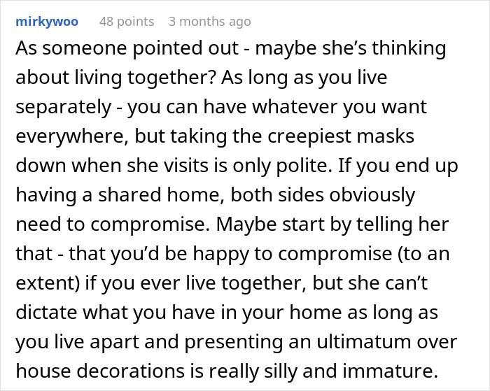 Comment discussing compromise between a guy who adores his huge clown collection and his girlfriend who dislikes it. Comment discussing compromise between a guy who adores his huge clown collection and his girlfriend who dislikes it.