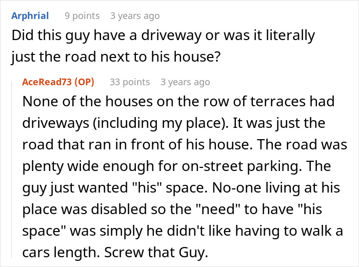 Screenshot of an online discussion about a man treating a public road in front of his house as personal parking space.