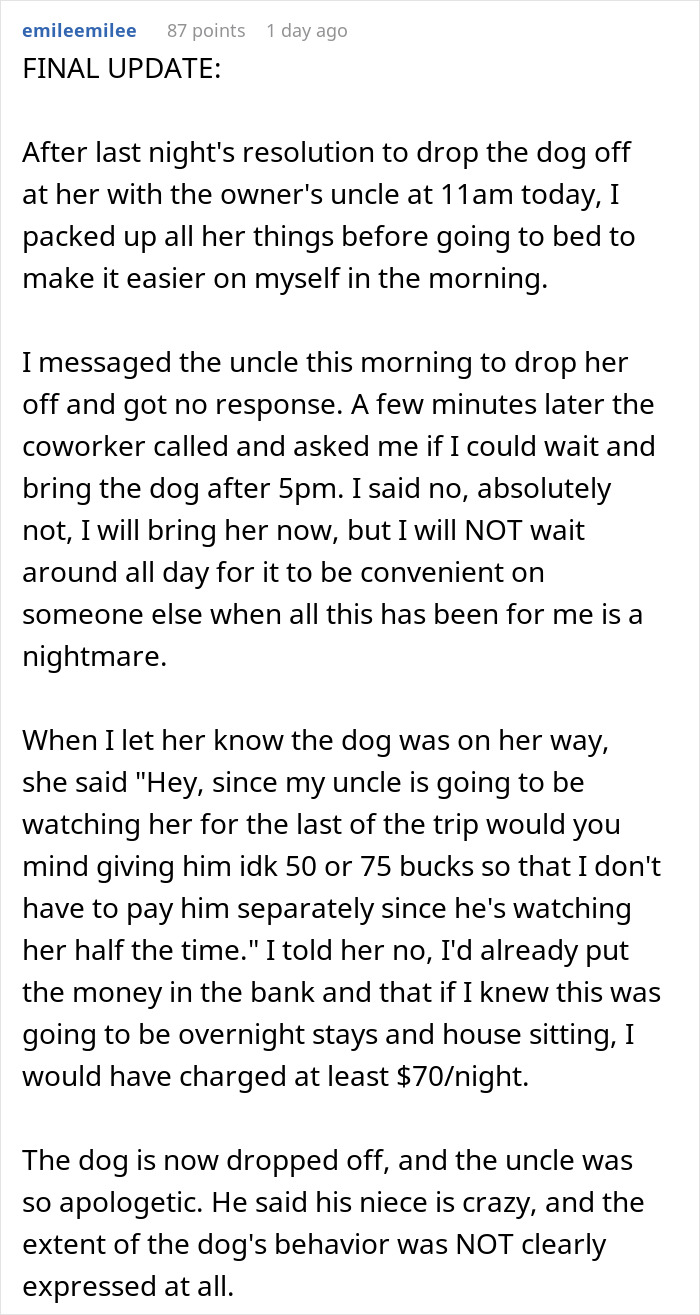 Text showing a friend insisting on boarding a dog despite coordination issues with the owner&rsquo;s uncle.