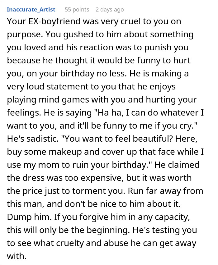 Text post describing a jerk boyfriend buying his girlfriend’s dream gift for someone else to humble her. - 33