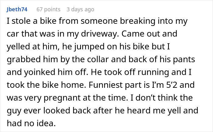 User sharing a story about stopping car thieves using tricks, highlighting car thieves stopped by Captain Underwear. - 20