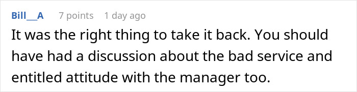 Screenshot of a comment discussing a man taking back his tip after a waitress loudly shamed him.