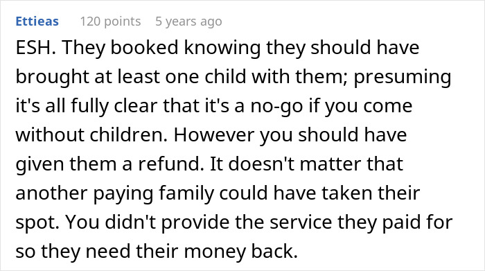 User comment discussing refund and service issues after a tour company turned away a childfree couple from a family tour. - 31