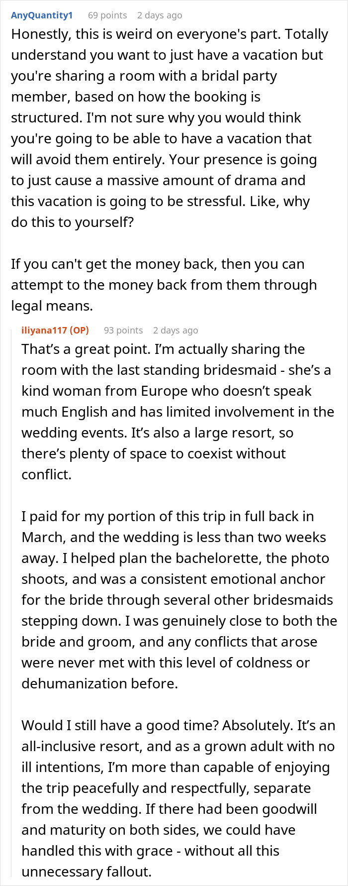 Reddit comments discussing a bride trying to cancel a guest’s resort room, causing unexpected drama and backlash. - 12