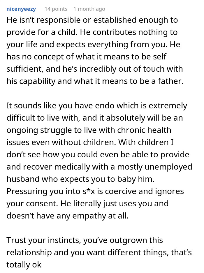 Comment discussing husband demands child and marriage opening, wife refuses and considers divorce papers instead. - 42