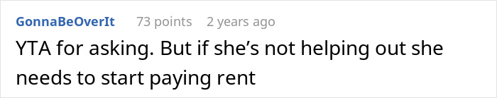 Comment saying YTA for asking and suggesting sister should pay rent if not helping, relating to nanny working 50 hours a week babysitting.