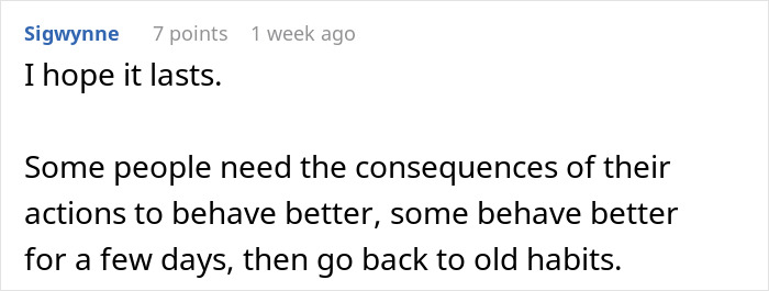 Comment by Sigwynne discussing consequences and behavior change after creating a mess in SIL’s home. - 35