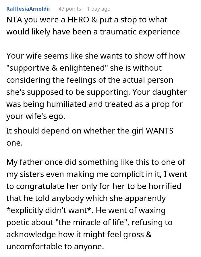 Comment discussing a mom going too far with a menstruation celebration for her 12-year-old daughter against the child’s wishes. - 40