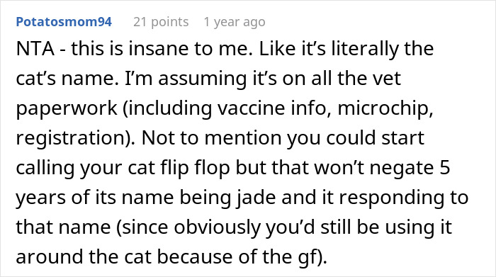 Comment on a forum post about a woman furious her partner won't rename their cat, discussing cat's name and vet paperwork. - 31