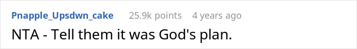 Screenshot of an online forum comment showing a user advising to say it was God’s plan in a discussion about babysitting siblings. - 19