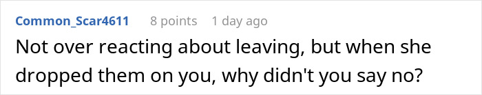 Screenshot of an online comment discussing a woman leaving a friend's party without saying goodbye after being used as a babysitter. - 30