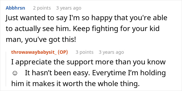 Screenshot of a Reddit conversation about family drama involving a bio dad refusing to babysit and co-parenting challenges.