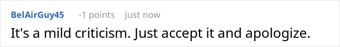 Screenshot of an online comment discussing mild criticism and apology, related to order Doordash while babysitting overreaction. Screenshot of an online comment discussing mild criticism and apology, related to order Doordash while babysitting overreaction.