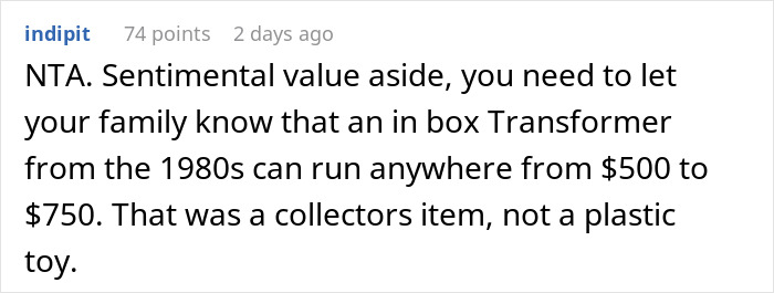 Screenshot of a Reddit comment discussing the sentimental value of a broken toy at a child's party.