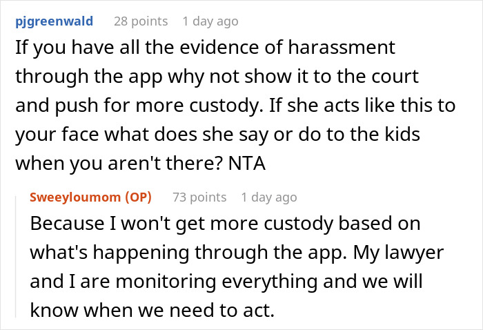 Screenshot of a text conversation about custody and harassment evidence related to a woman feeling zero regret about her ex-husband’s new wife. - 35