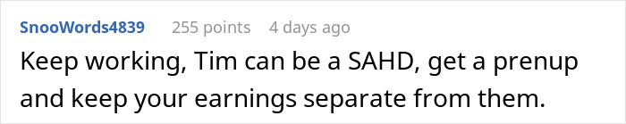 Screenshot of a forum comment advising a woman to keep working despite in-laws calling her job emasculating their son. - 25