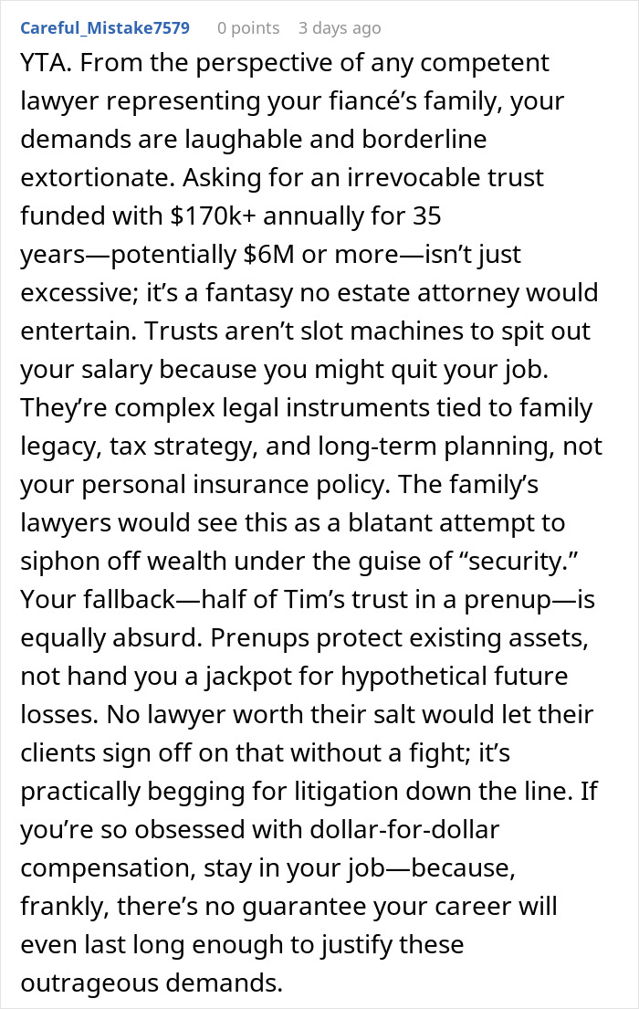 Reddit comment criticizing in-laws’ demand for woman to quit job as emasculating their son, discussing legal and financial points. - 47