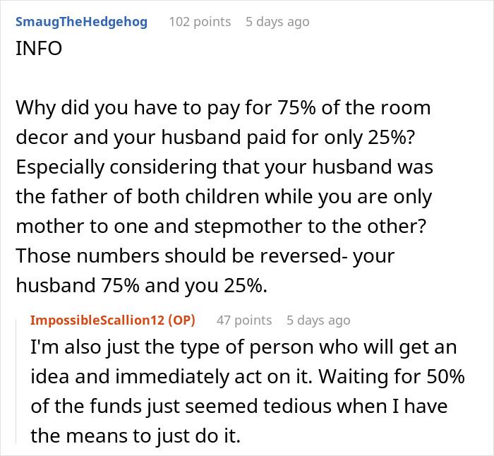 Screenshot of an online discussion about a mom putting more effort into her son's room than her step-daughter's room. - 14