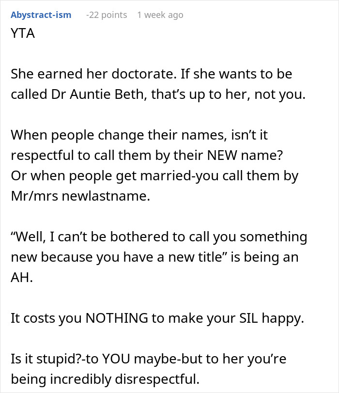 Comment discussing respect for an aunt with PhD expecting family to call her doctor as a sign of acknowledgment. - 51