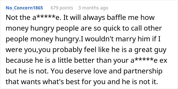 Commenter discussing money-hungry behavior in a relationship involving a prenup and seven-figure insurance.