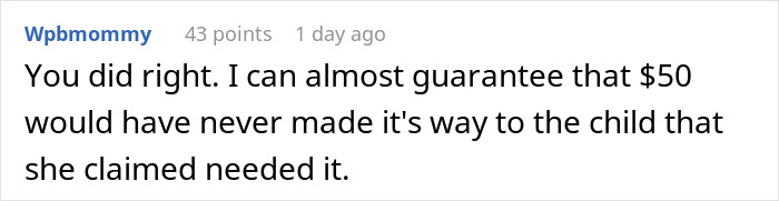 Screenshot of an online comment discussing withholding money from a grifter neighbor accused of starving her baby.