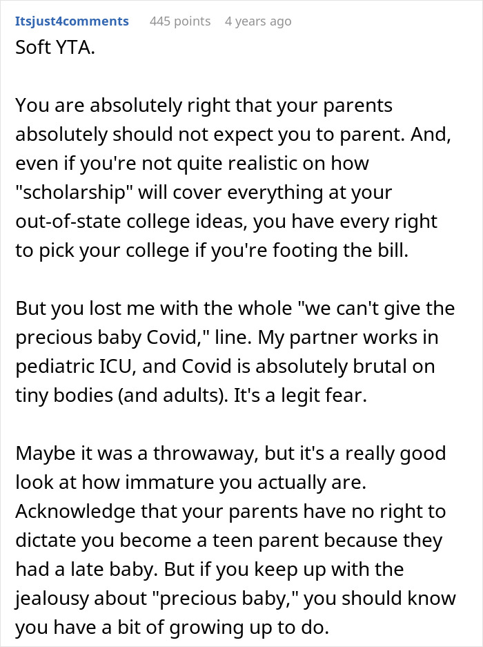 Screenshot of an online comment defending a teen refusing to be a live-in babysitter for parents. - 25