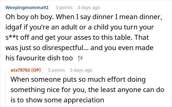 Alt text: Family&rsquo;s entitled behavior causes disrespect and lack of appreciation, leaving them hungry and banned from dinner.