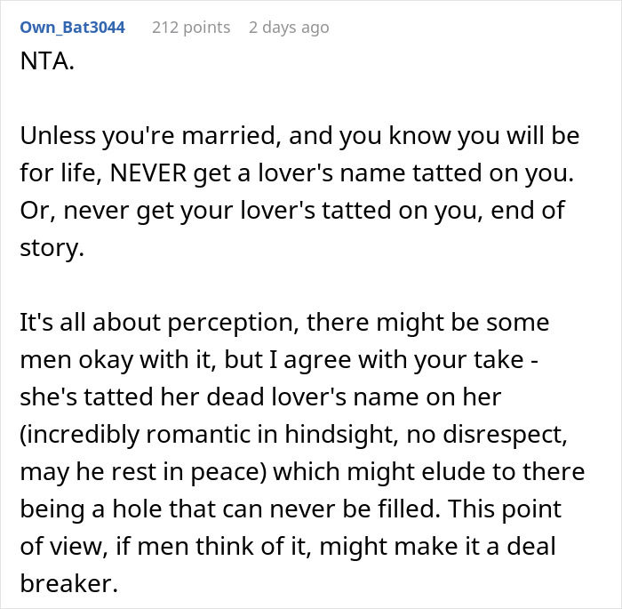 Excerpt from a Reddit discussion about how a Titanic reference explains why a friend's tattoo is affecting her love life.