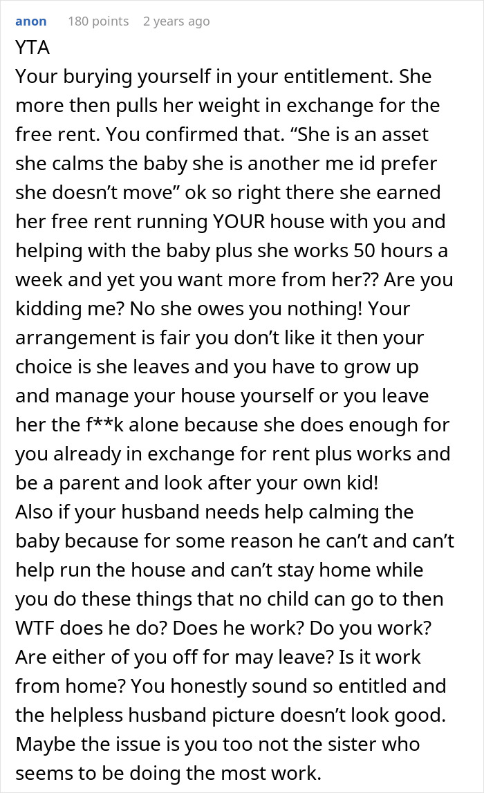 Excerpt from an online comment discussing a nanny who works 50 hours a week and free babysitting demands.