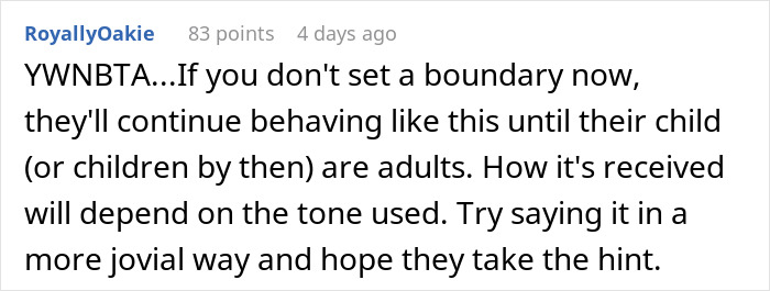 Comment discussing setting boundaries to avoid continued behavior, mentioning child and tone of delivery in conversation.