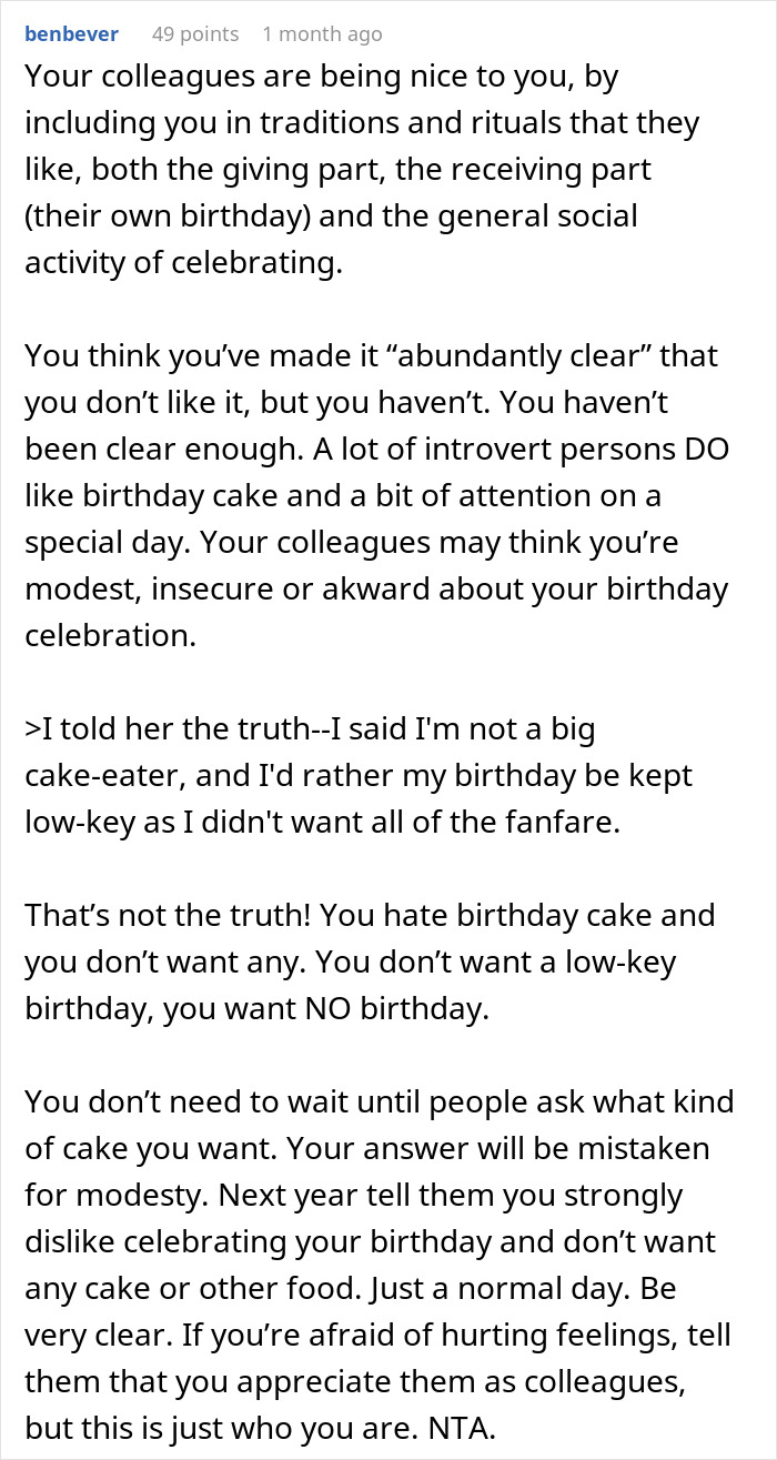 Text discussing an annoyed worker’s feelings about birthday cake and workplace birthday celebrations. - 30
