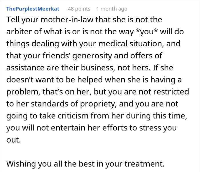 Screenshot of a Reddit comment advising a woman battling cancer to ignore her mother-in-law calling help requests tacky and dramatic. - 19