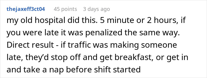 Comment text about same penalty for being 6 minutes late or 3 hours late, sharing a personal hospital experience.